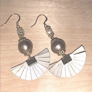 Fan Earrings with Gold-Tone Facets and Faux Pearls